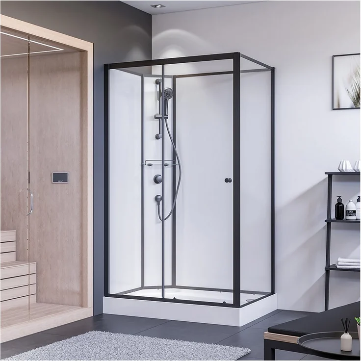 BREUER Eckdusche Komplettdusche Schiebetür mit Seitenwand rechts schwarz matt Klarglas, 5mm Sicherheitsglas, ausschwenkbare Türelemente