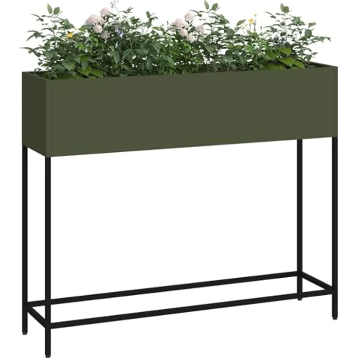 vidaXL Olivgrüner rechteckiger Pflanzkübel Stylischer Metall Pflanzenbehälter Für Innen und Außen 100 x 26 x 82 cm Modern Garten Deko Akzentständer Balkon – Bild 3