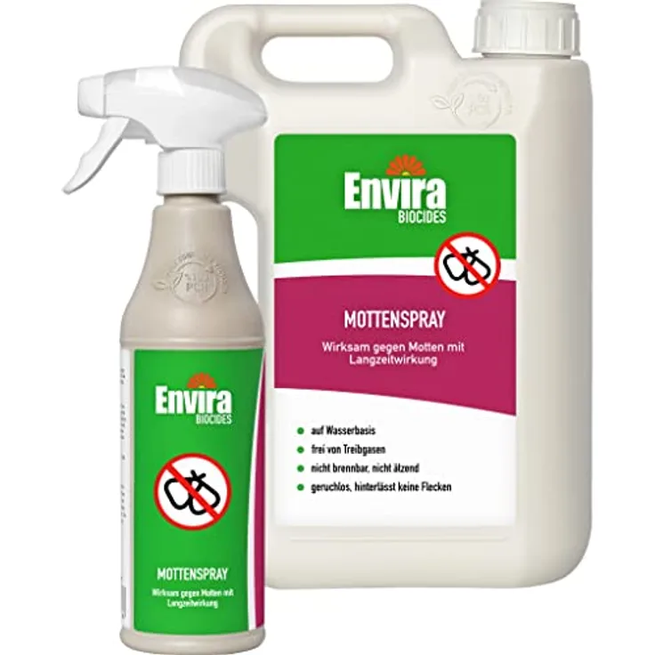 Envira Motten-Spray 500 ml + 2 Liter Drucksprüher - Mittel gegen Motten, Kleidermotten, Lebensmittelmotten - Mottenschutz mit Langzeitwirkung - Mottenfalle Alternative, Geruchlos