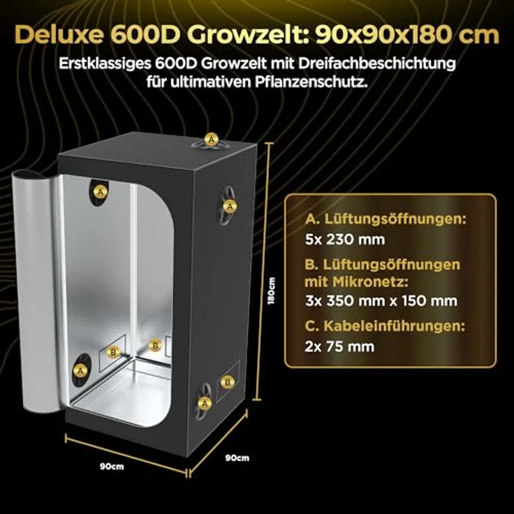 THE HOOKAH Gewächshaus Deluxe Growbox Growzelt D600 - 600D Mylar, Sichtfenster, robuste Konstruktion – Bild 4