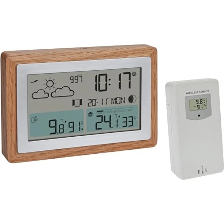 TFA Oak, Funk-Wetterstation, Wetterprognose, Temperatur- und Luftfeuchtigkeitsanzeige, Silber-Braun – Bild 1