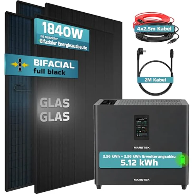 SUNNIVA® 1840W Balkonkraftwerk mit 5,12 kWh Speicher MARSTEK Jupiter C + Plus, BIFAZIAL FULLBLACK, komplett steckerfertiges PV Solaranlage Komplettset mit 4x 460W N-Type Glas-Glas Bifacial PV-Modulen – Bild 2