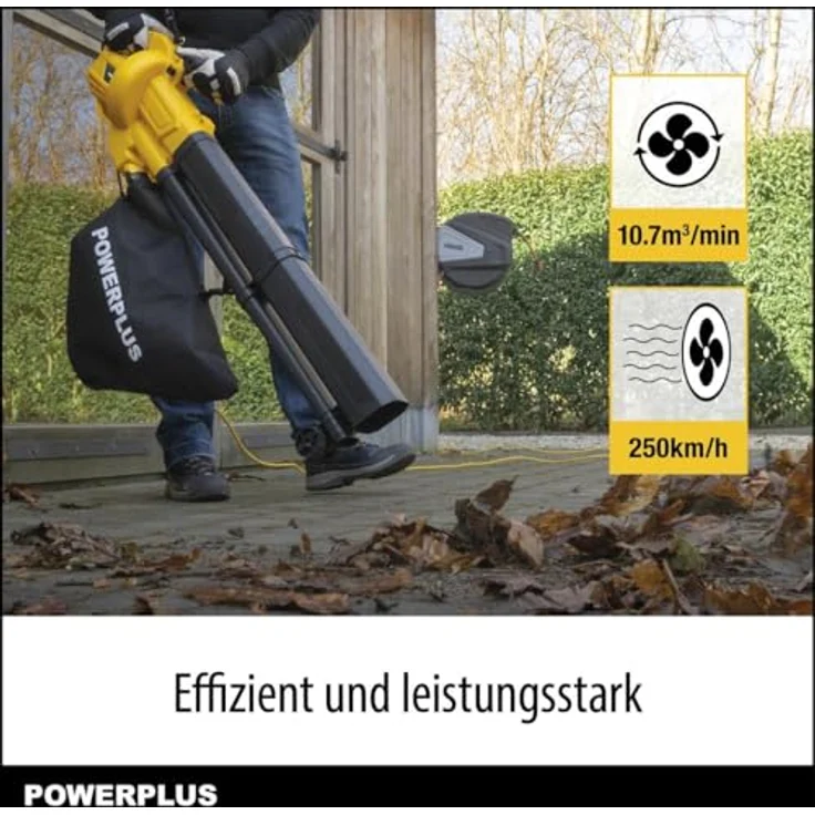 Powerplus POWEG4030, Elektrischer Laubbläser mit 3300 W, 250 km/h Luftgeschwindigkeit, 40 L Auffangbeutel und Zerkleinerer – Bild 3