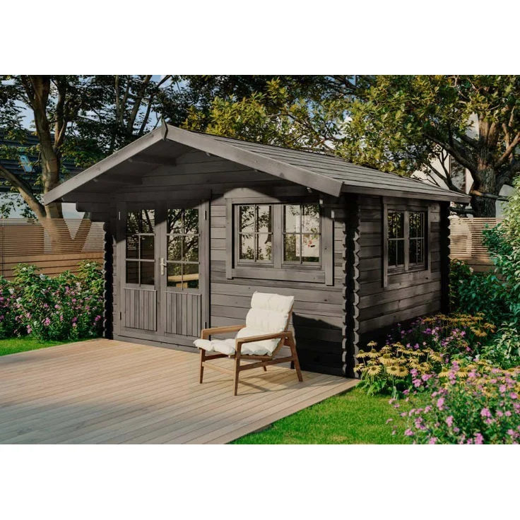 Alpholz Gartenhaus Gabriel-34 400 x 300 cm, BxT: 428x367 cm, B 428 x T 367 x H 263 cm, Leimholz-Doppeltür, Doppelfenster, 34 mm Wandstärke, grau imprägniert - Preisvergleich