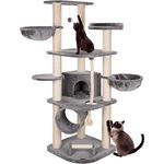 HAPPYPET Kratzbaum für Katzen groß 181 cm hoch - Stabiler Kletterbaum Katzenbaum, Dicke Stämme mit 11 cm, Haus & Spieltunnel, große Liegemulden, Spietau mit Kratzrolle, Grau