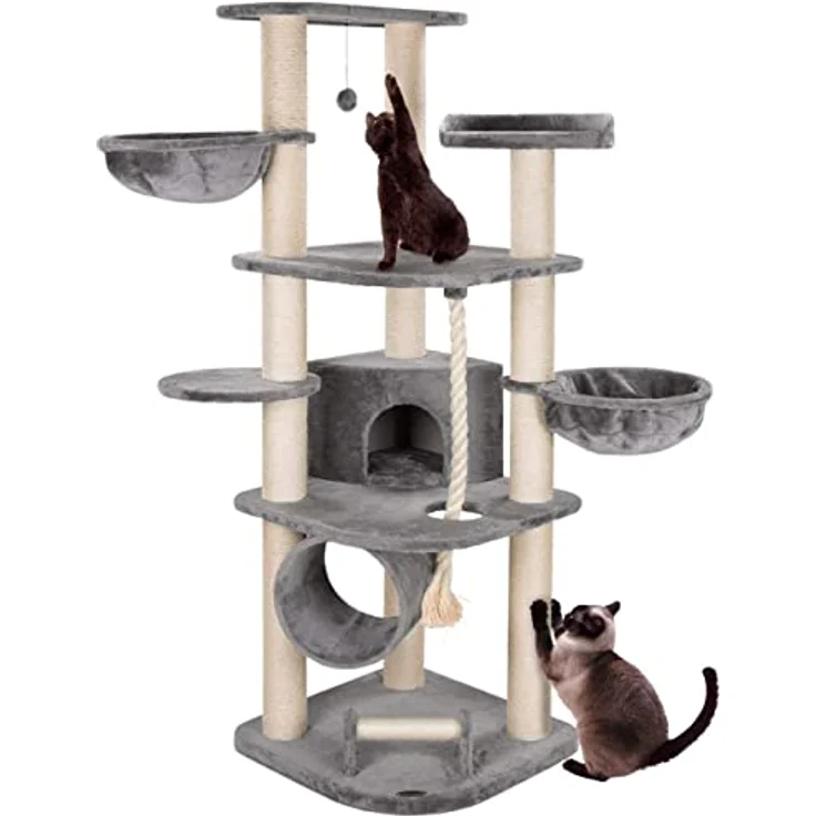 HAPPYPET Kratzbaum für Katzen groß 181 cm hoch - Stabiler Kletterbaum Katzenbaum, Dicke Stämme mit 11 cm, Haus & Spieltunnel, große Liegemulden, Spietau mit Kratzrolle, Grau – Bild 1