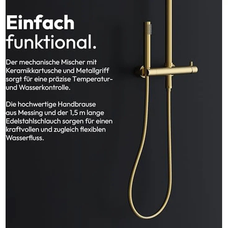 Marwell Duscharmatur Duschset Classico, gold, verstellbare Duschstange 88-118 cm, Regendusche Ø250 mm, Handbrause mit 1,5 m Schlauch – Bild 4