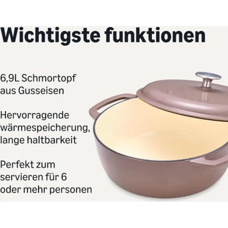 Amazon Basics Schmortopf Rund, Emailliertes Gusseisen, 6,9 L, Lehmfarben, gleichmäßige Wärmeverteilung, Backofenfest bis 260°C – Bild 2