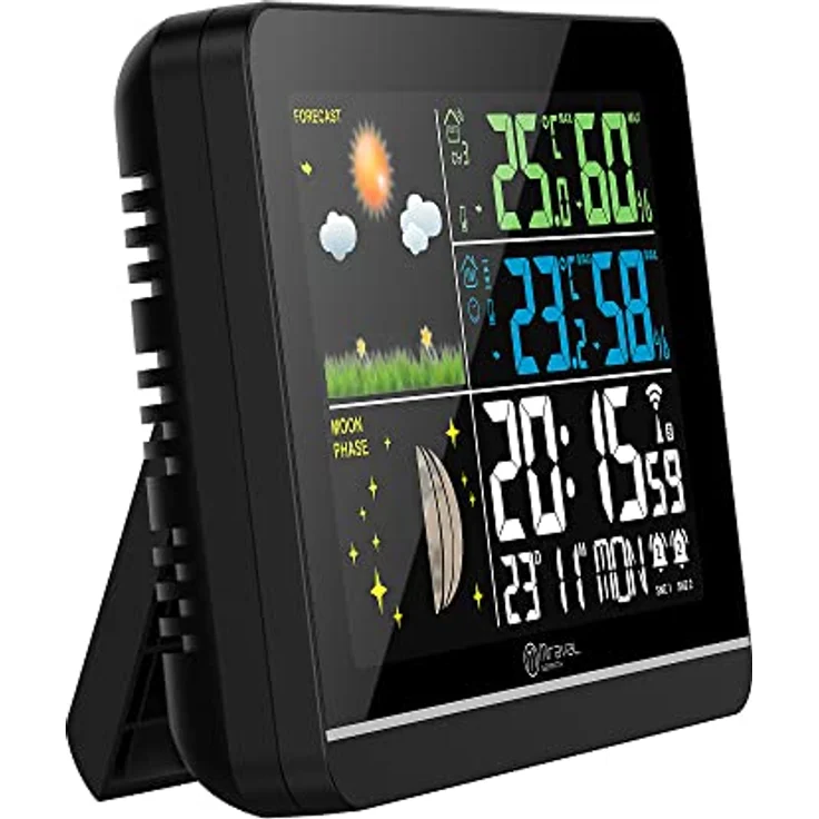 Miraval Funk-Wetterstation, Hygro- & Thermometer für innen/außen mit Farbdisplay, Uhrzeit- und Datumsanzeige, 2 Alarme, Außensensor, 8 Sprachen, inkl. Befestigungsset – Bild 4
