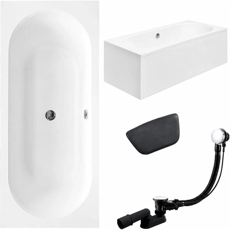 KOLMAN Rechteckige Acryl-Badewanne VITAE, 150 x 75 cm, mit Kopfstütze in Schwarz, inkl. Ablauf und Füße