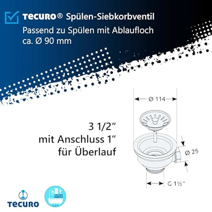 tecuro Spülen-Siebkorbventil Ø 114 mm (3 1/2 Zoll), Edelstahl mit seitlichem Abgang 1 Zoll (Ø 25 mm) und herausnehmbarem Siebkorb – Bild 4