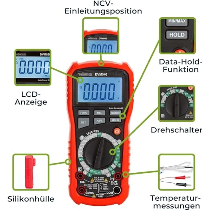 Velleman Digitalmultimeter VC 970, mit Data-Hold, berührungsloser Spannungserkennung, REL-Funktion, Temperaturmessung bis 1000°C, Hintergrundbeleuchtung – Bild 5