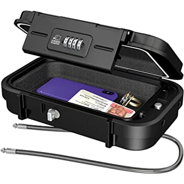 BASI | Mobiler Safe | Tragbare Sicherheitsbox mit Zahlenschloss | 4-stellige Zahlenkombination | abnehmbares Sicherungskabel | Mini-Tresor mit Drahtseil | L24 x B14 x H5,8 cm | IPX5 Wasserschutz