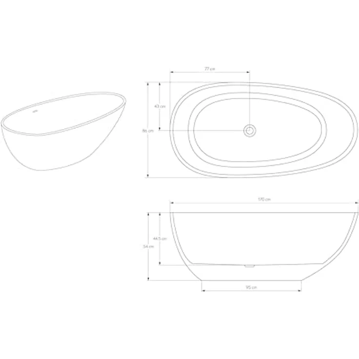 Bernstein VELA Freistehende Badewanne, Mineralguss Solid Stone, Weiß Matt, 170x86 cm, mit Pop-up-Verschluss und Überlauf – Bild 5