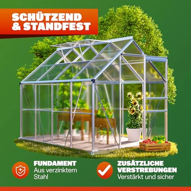 Gardebruk Gewächshaus Aluminium 4,8m² mit Fundament 250x190cm, inkl. 2 Dachfenster und stabiler Regenrinne – Bild 6