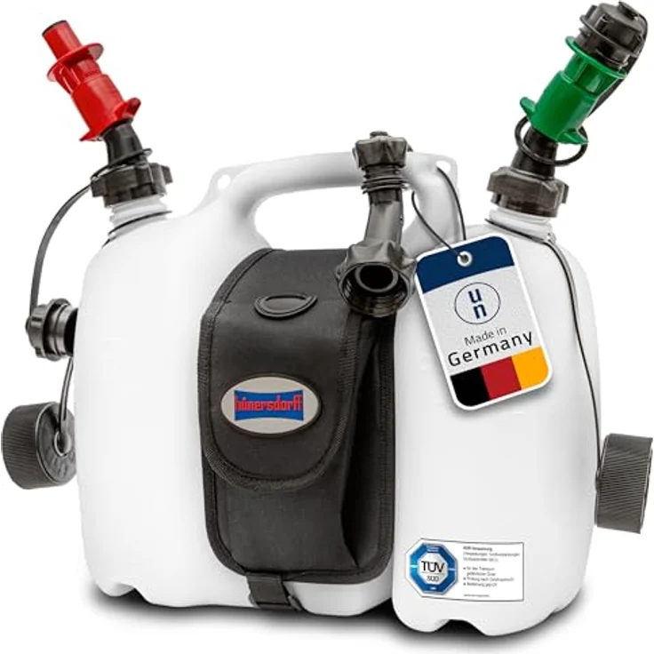 hünersdorff PROFI Doppelkanister - Kombikanister für Kraftstoff und Öl mit Satteltasche und zwei Einfüllsystemen, 6 + 3 Liter, UN-Zulassung, Made in Germany – Bild 2