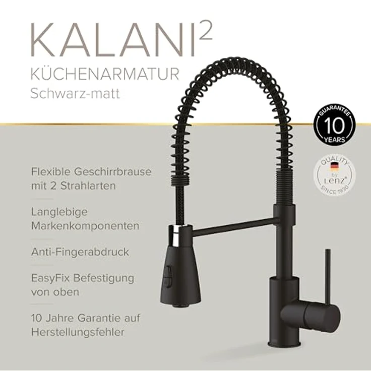 Lenz Küchenarmatur KALANI², nickelfrei, Einhebelmischer mit flexibler Geschirrbrause, Schwarz-matt, 2 Strahlarten, Hochdruck, 360° Schwenkbereich – Bild 4