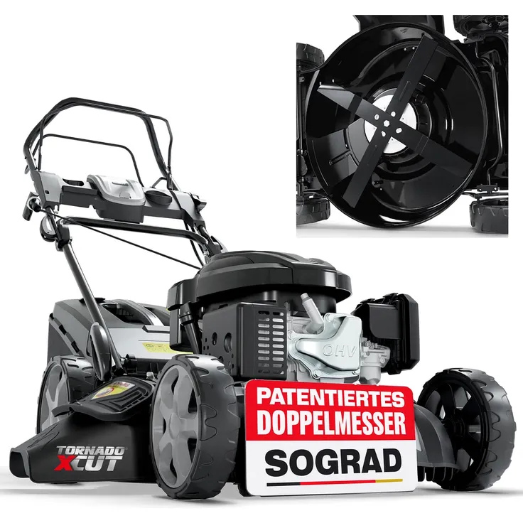 ONBEST Rasenmäher Benzin TXC-3653 E, 6,5 PS 4-Takt Motor mit 5IN1 Funktion, Doppelmesser-System und 60L Grasfangkorb