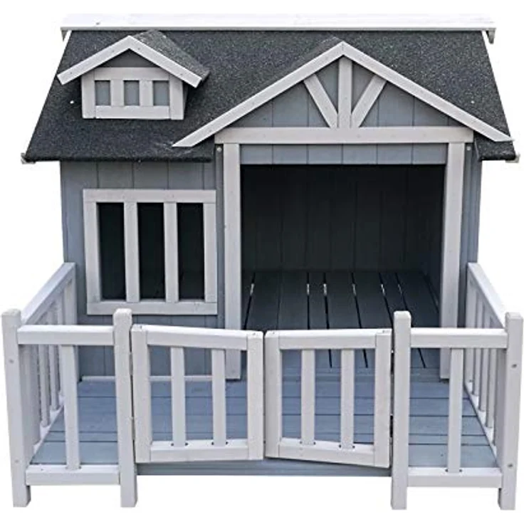 Wiltec Luxus XL Hundehütte 93,5 x 77,5 x 70 cm, grau weiß, Hundehaus aus Holz mit Veranda - Wetterschutz, elegantes Design, hochwertiges Material – Bild 2