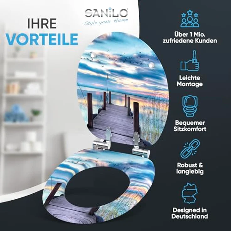 Sanilo WC Sitz Sunset, Holz-Toilettendeckel mit Absenkautomatik, antibakterieller Oberfläche, 47x37.7 cm – Bild 2