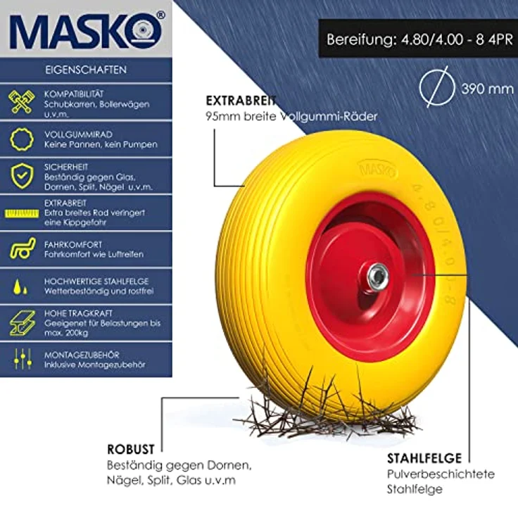 MASKO PU Schubkarrenrad Vollgummi 200 kg pannensicher 4.80-4.00-8 Ø 390mm inkl. Achse Ersatzrad Gummirad Stahlfelge Reifen pannensicher für Schubkarre Gartenkarren pannensicheres PU Rad Gelb - Rot – Bild 2