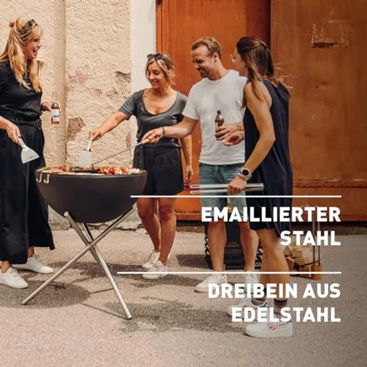 höfats - Bowl 70 Feuerschale mit Edelstahl Dreibein - raucharme Verbrennung - Feuerstelle mit Plancha Grillplatte und Grillrost nutzbar - kippbarer Feuerkorb Stahl emailliert, schwarz, Ø 70 cm – Bild 3