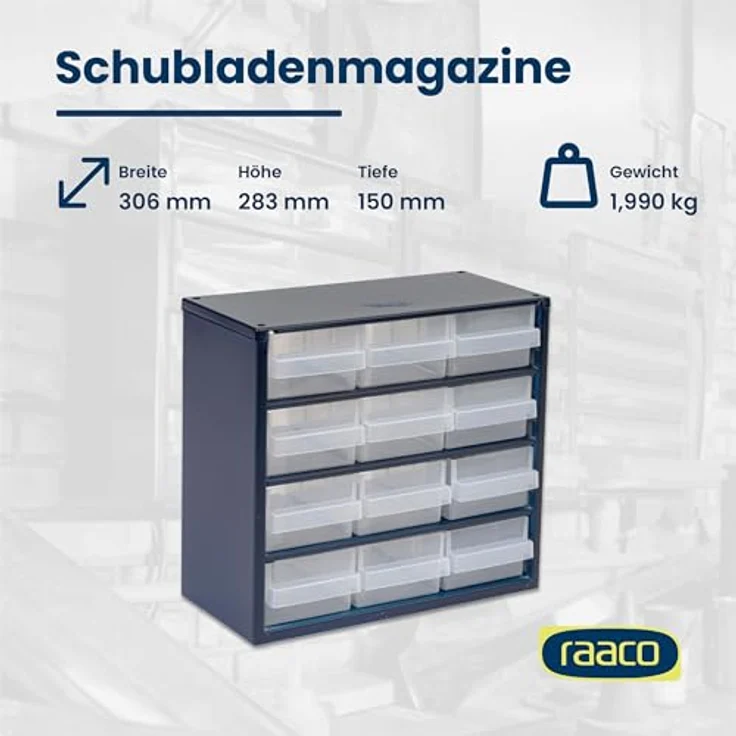Raaco 612-02 Werkstattschrank, Kleinteilemagazin mit 12 Schubladen, blau, aus lackiertem Stahl und Polypropylen, maximale Tragkraft 13 kg – Bild 5