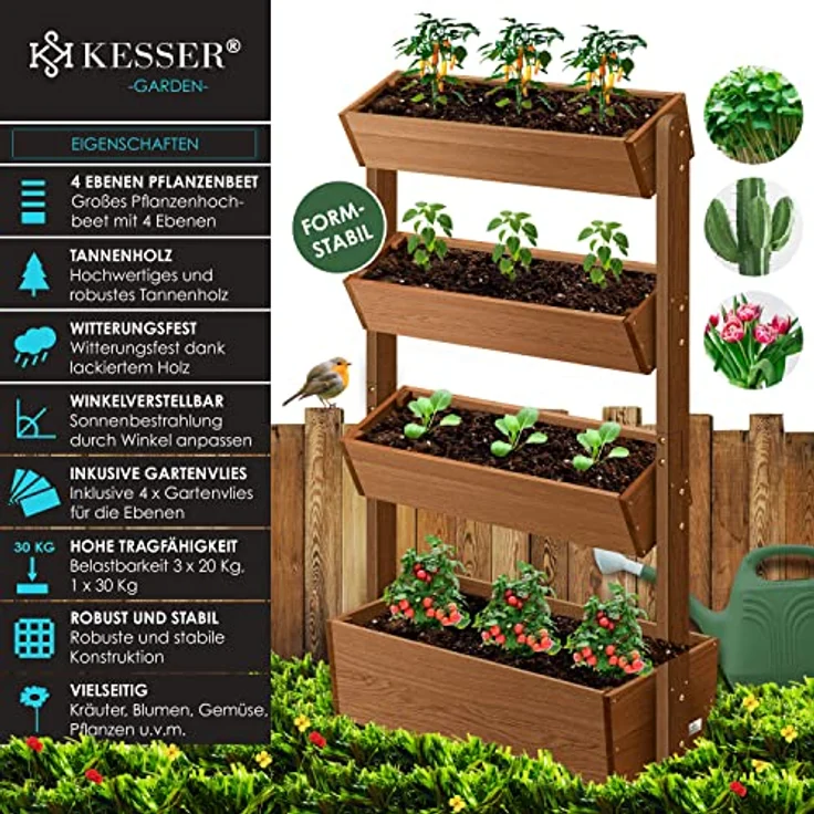 KESSER Hochbeet mit Etagen Premium Blumenkasten Blumentreppe Pflanztreppe - Gemüsebeet Kräuterbeet Pflanzkübel Frühbeet Blumenbeet Pflanzkasten inkl. Gartenvlies- Beet für Terrasse Balkon & Garten Braun, 4 Etagen – Bild 2