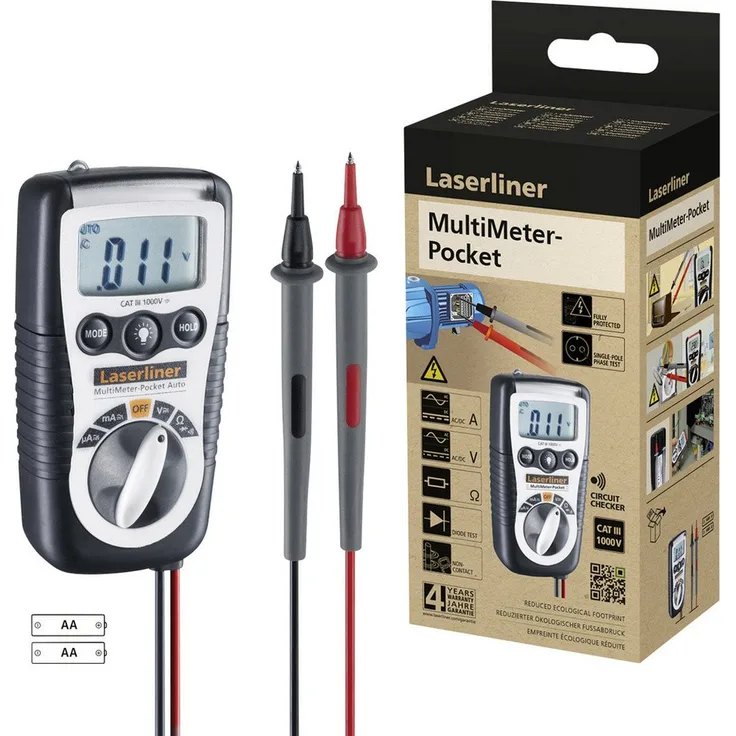 LASERLINER MultiMeter-Pocket Spannungsprüfer Hand-Multimeter mit recyceltem Kunststoffgehäuse und Taschenlampe