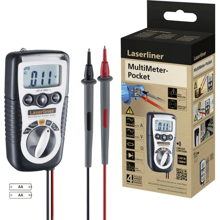 LASERLINER MultiMeter-Pocket Spannungsprüfer Hand-Multimeter mit recyceltem Kunststoffgehäuse und Taschenlampe