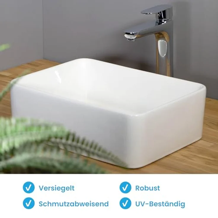 Bächlein Aufsatzwaschbecken Endina, eckig aus Sanitärkeramik, strahlend weiß, mit Silikontube – Bild 2
