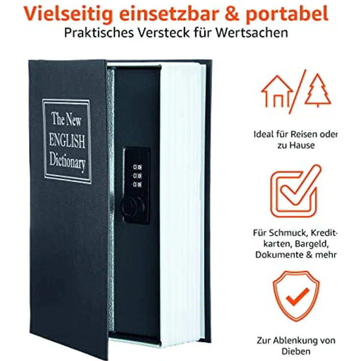 Amazon Basics Buch-Safe mit Kombinationsschloss, Groß, Schwarz - Tragbare Versteckbox für Wertsachen mit Stoffüberzug und 3-stelligem Zahlenschloss – Bild 3