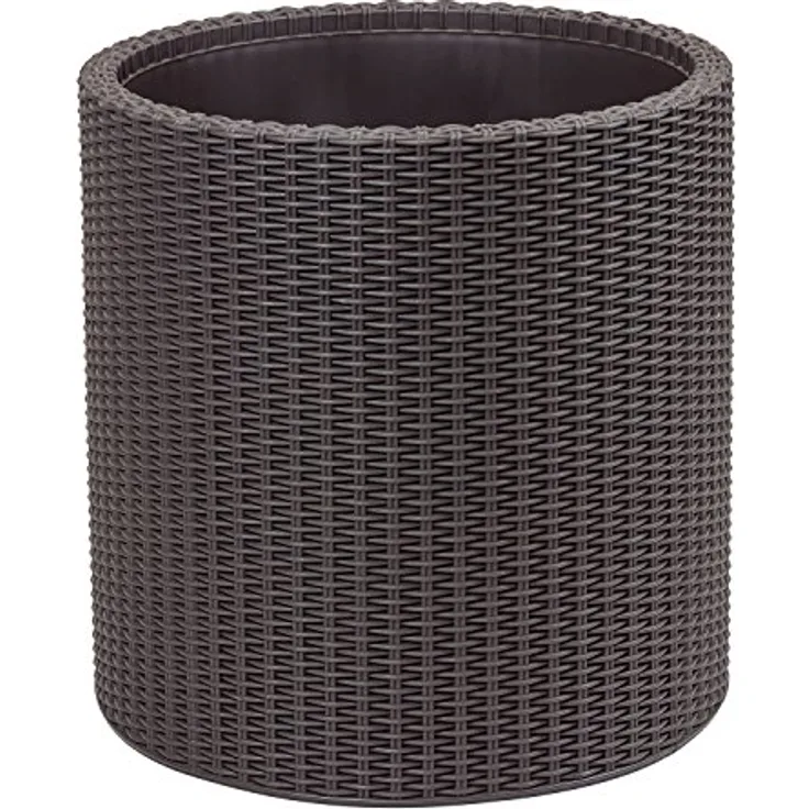 Keter Curver Garten Pflanzentopf, runder Blumentopf mit schokoladenbraunem Rattan-Finish und Drainagelöchern