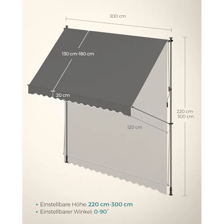 SONGMICS Klemmmarkise, höhenverstellbar mit Handkurbel, Sonnenschutz für Balkon Terrasse Garten, 300 x 120 cm, anthrazit – Bild 5