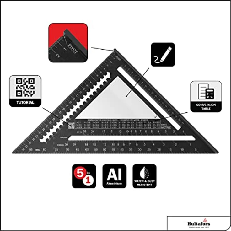 5-in-1 Anschlagdreieck 300mm I Hultafors I 300mm Zimmermannswinkel CNC gefräst aus Aluminium I Zimmererwinkel zum Anreißen, Messen & Zeichnen I Inkl. Umrechnungstabelle I 257040 – Bild 4