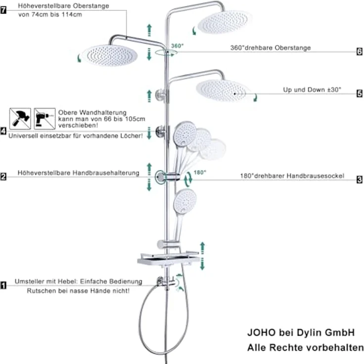 JOHO Edelstahl Duschsystem mit 20 cm Regendusche ohne Armatur, hochverstellbare Duschstange und Handbrause mit 3 Strahlarten, Chrom – Bild 5