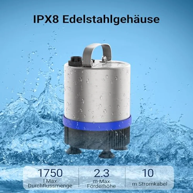 Wiltec Edelstahl Springbrunnenpumpe 50 W 1750 l/h, max. Fontänenhöhe 1,6 m, inkl. 3 Aufsätze, Aquariumpumpe in Edelstahl – Bild 5