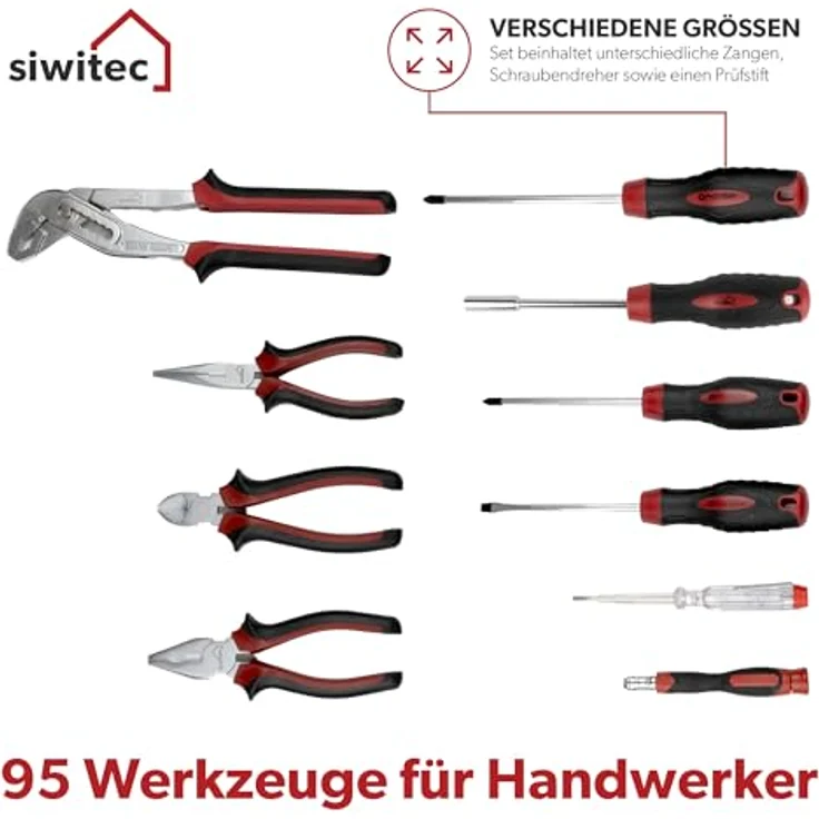 siwitec Werkzeugkoffer 95-teilig, Werkzeug CRV, BMC-Kunststoff, ergonomisches Design, Grundausstattung – Bild 3