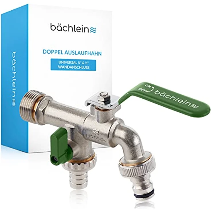Bächlein Universal Doppel Auslaufhahn mit Reduzierungs-adapter für 1" Wandanschluss - Auslaufhahn mit 1/2 und 3/4 Zoll Anschluss – Bild 1