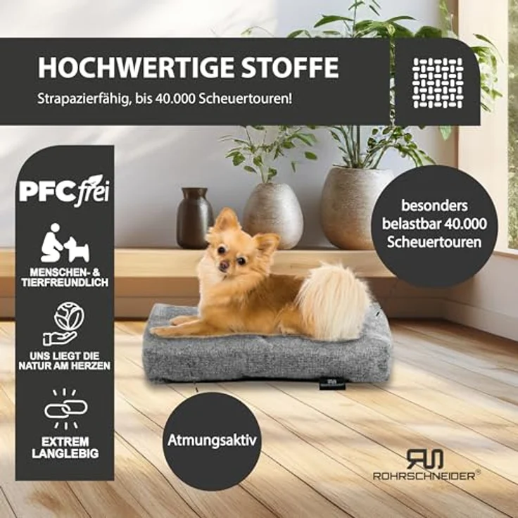 Rohrschneider Hundebett Made in EU | Hundematte mit Anti-Rutsch | strapazierfähiges Hundekissen für kleine, mittelgroße & große Hunde | Katzenbett | inkl. Futternapf - Gr.1 (grau, 47 x 30 x H 7 cm) – Bild 4