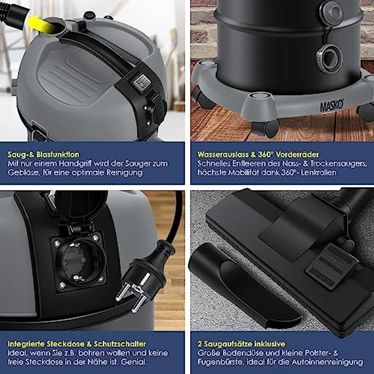 Masko® Industriestaubsauger Staubsauger Nass Trocken Sauger Edelstahl 2300W + Steckdose | Blasfunktion | Trocken-Saugen & Nass-Saugen | Push&Clean | Industrie-Sauger mit & ohne Beutel | beutellos – Bild 3