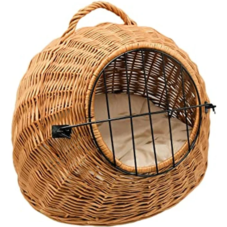 MyBer® Haustierbett Transportbox Katzen Korbhöhle Katzenhöhle Katzenkorb Hundekorb aus Weide mit Verschluß und Kissen geflochten K5-583-SB