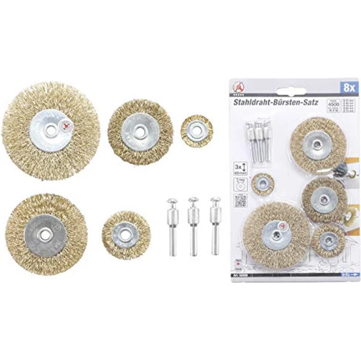 BGS Do it yourself 50908 Stahldraht-Bürsten-Satz, 8-teilig, Ø 25 - 75 mm, für Bohrmaschinenantrieb, max. 4500 U/min – Bild 5