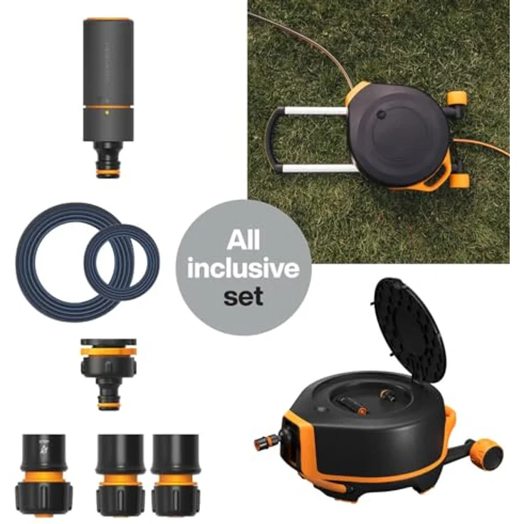 Fiskars Waterwheel XL, All-Inclusive-Bewässerungs-Set mit 27 m Reichweite, automatischem Aufrollen, Gartenschlauch Ø 13 mm, schwarz/orange – Bild 3