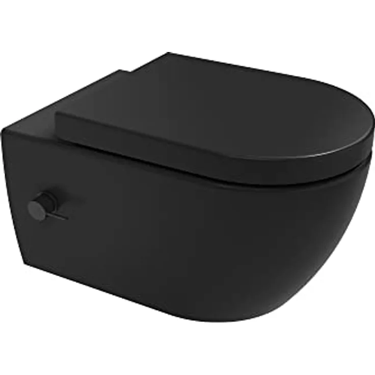 Aqua Bagno Taharet Toilette in schwarz matt, mit Absenkautomatik & Armatur, ohne Spülrand | 51,5 cm lang