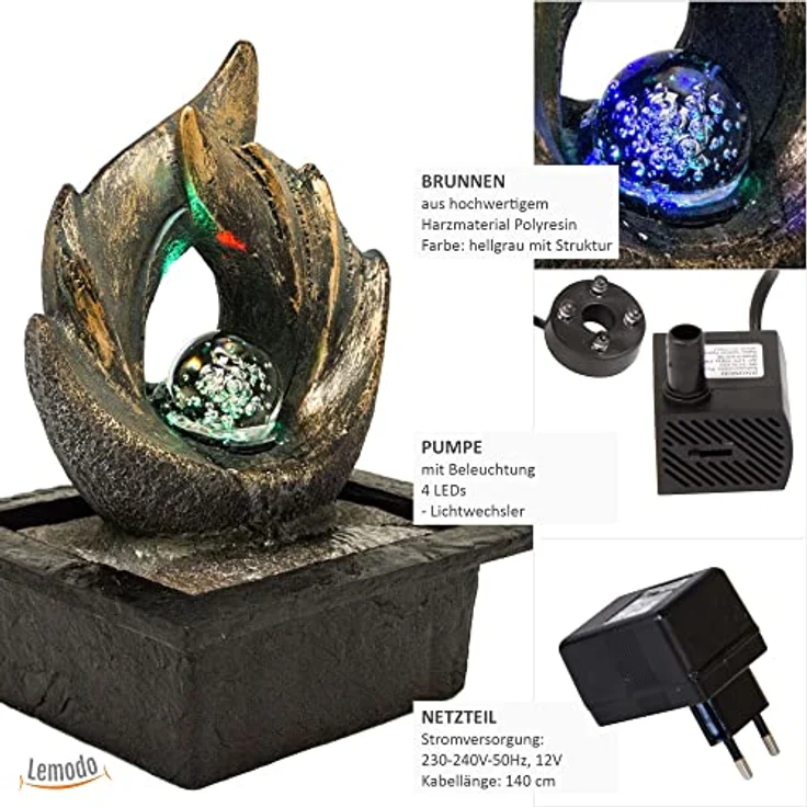 Zimmerbrunnen mit Kugel und LED, Tischbrunnen Flügel – Bild 3