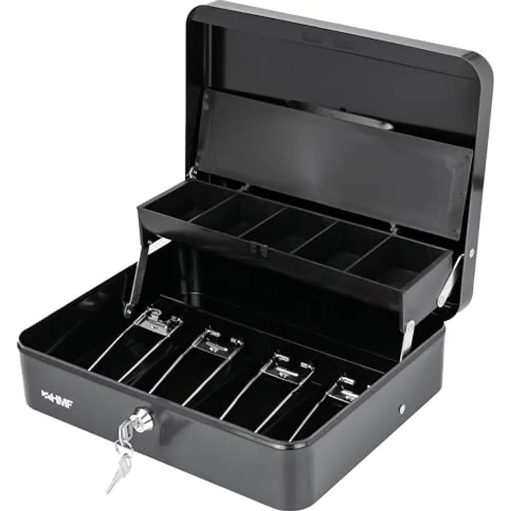 HMF 15230-02 Geldkassette abschließbar mit Münzeinsatz, 4 Scheinfächern und Tragegriff, Schwarz, 30 x 24 x 9 cm