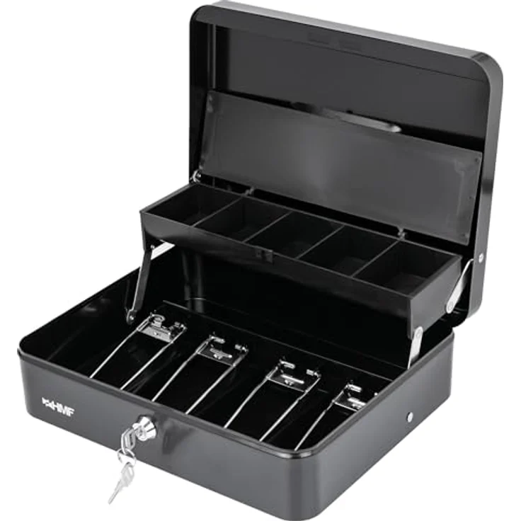 HMF 15230-02 Geldkassette abschließbar mit Münzeinsatz, 4 Scheinfächern und Tragegriff, Schwarz, 30 x 24 x 9 cm – Bild 1