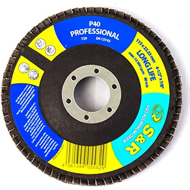 S&R Fächerschleifer Set 20 St., 115 x 22,23 mm, PRO ALUMINIUM OXID, T29, Fächerschleifscheiben, Lamellenschleifer, Schruppscheiben für Holz und Metall, je 5x Körnung P40/60/80/120, Aluminiumoxid-Schleifpapier, vibrationsabsorbierend, 115mm, 22,23mm, 1318g – Bild 2