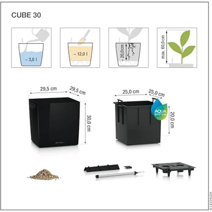 Lechuza Cube Color 30, Pflanzgefäß mit Bewässerungssystem, Wasserstandsanzeiger, 3 Liter Wasserspeicher, weiß, 29,5 x 29,5 x 30 cm – Bild 4